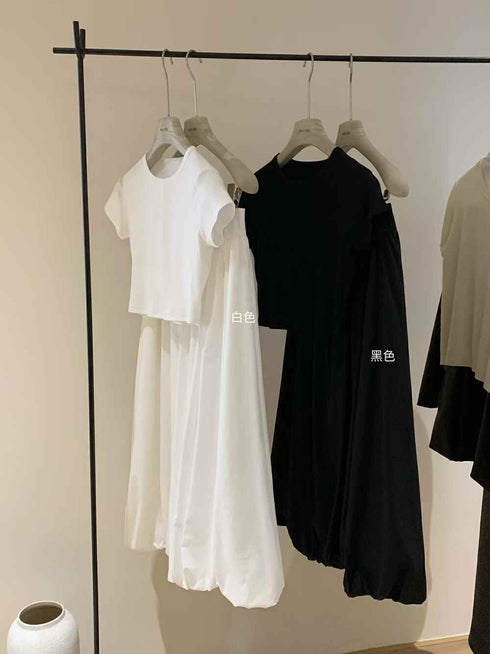 Spring Crop T-Shirts With Cargo Bubble Long Skirts Sets